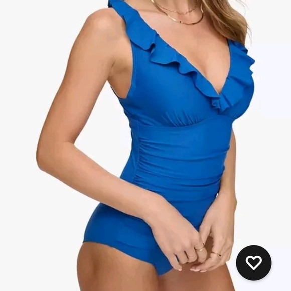DKNY Ruffle Blue Plunge Underwire Tummy Control One-Piece Swimsuit Sz Large Nwt - Picture 3 of 10